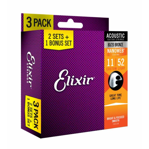 Elixir Acoustic Guitar Strings 16538 2 Set +1 011-052 Bronze